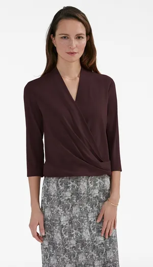 M.M.LaFleur Deneuve Top +2 Aubergine Purple Faux Wrap Italian Crepe Blouse thumbnail 1