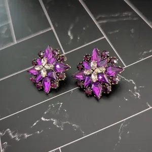 Vintage Stud Earrings 1.25" Purple & Clear Gems Regal Large Statement thumbnail 4