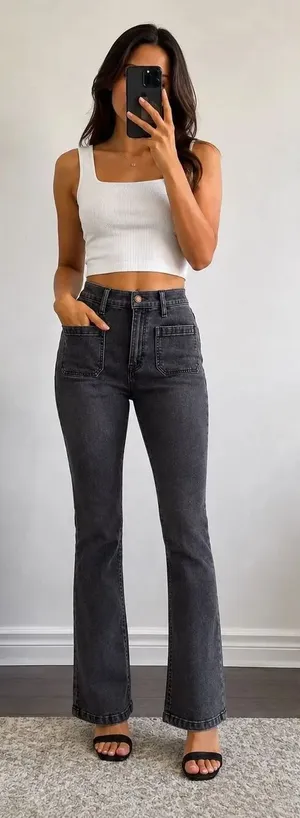 GAP ’70s Flare High Rise Jeans Women’s 31/12R Black Wash Patch Pocket Stretch De thumbnail 1