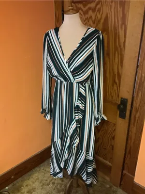 Jodifl Striped Faux Wrap Ruffle Midi Dress Size Medium Green Rust Boho thumbnail 5