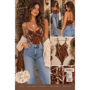 Forever 21 Brown Crushed Velvet Bustier Bodysuit Small Sweetheart Neckline Boho thumbnail 2