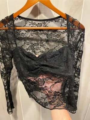 Source Unknown Cute black lace crop long sleeve sweetheart neck distressed top goth costume thumbnail 7