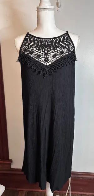 Maurices Womens XL Black Crochet Lace Bib Halter Dress Boho Rayon Gauze Lined thumbnail 1