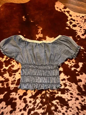Klesis Light Blue Smocked Denim Crop Top with‎ Lace Trim size small thumbnail 5