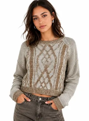 BDG Cable Knit Diamond Pattern Cropped Sweater Tan Cream Boho Cozy Size S thumbnail 1