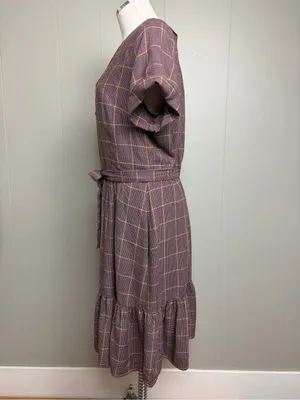 Gal Meets Glam Plaid Button Front Tie Waist Midi Dress US 12 Lined thumbnail 2