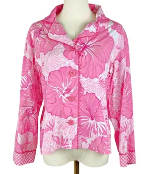 Lilly Pulitzer Button Down Pajama Shirt Top Pink Hibiscus Gingham Ric Rack MED thumbnail 1