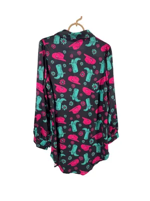 Jess Lea Black Mini shirt Dress with Pink & Teal Western Print M cowboy boots thumbnail 2