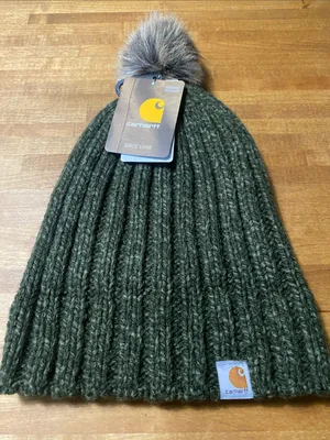 Carhartt Dark Green Knit Beanie with Faux Fur Pom thumbnail 1