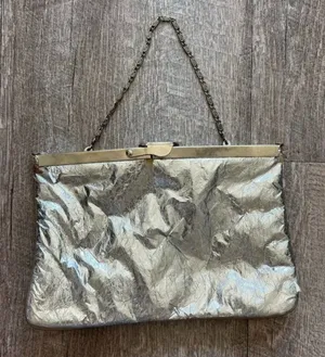 Vintage 50s Silver Metallic Foil Clutch Handbag Kiss Lock Chain Strap Purse Bag thumbnail 1