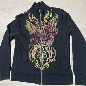 Y2K Harley Davidson Women's SZ L Sweatshirt Black Collar Applique Zip AOP thumbnail 2