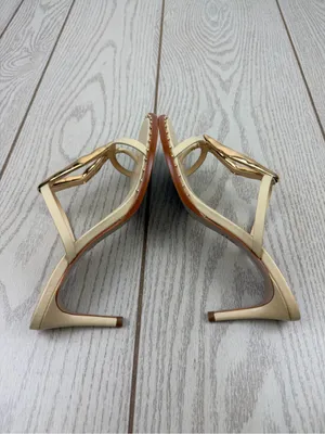 Schutz Women's Amarilis Stiletto Heel Leather Sandals 7B Natural & Gold $178 thumbnail 3