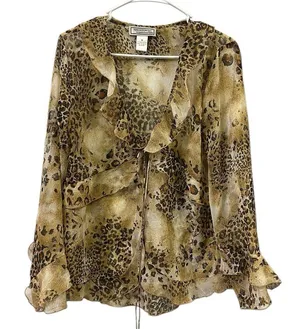 Simonton Says by George Simonton Animal Print Ruffled Kimono QVC Blouse Medium thumbnail 3