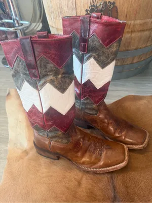 $299 Macie Bean Red White & Brown Leather Western Square Toe Cowgirl Boots 9.5 thumbnail 2