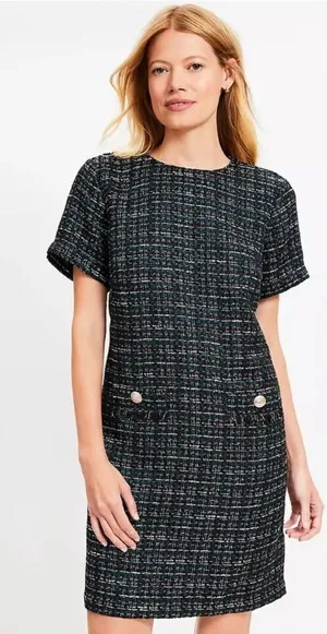 Loft Tweed Front Pocket Shift Dress Black Teal Size 4 Preppy Office Retro Boucle thumbnail 1