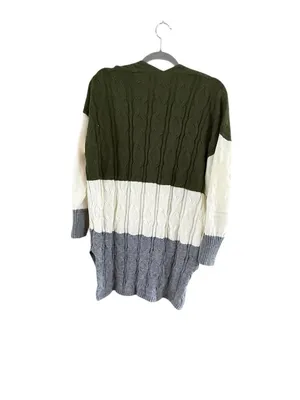 V-Neck Cable Knit Colorblock Sweater in Olive, Cream & Gray thumbnail 3