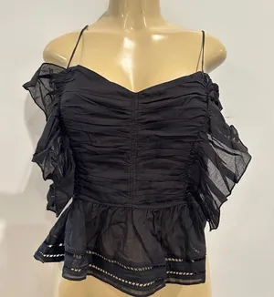H&M Ruffle Pleated Cami Tank Top Sz M Black Shirt Smocked thumbnail 1