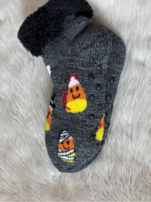 Cozy Gray Candy Corn Halloween Fuzzy Slipper Socks thumbnail 2