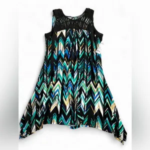 NWT NY Collection Wom Sleeveless Asymmetrical Chevron Dress Black Teal & Blue L thumbnail 2