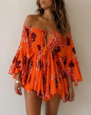 Hello Molly Moral of the Story Romper Orange Floral XS Boho Resort Tropical thumbnail 1
