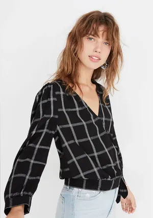 Madewell Viscose Wrap Side Tie Cropped Top in Black & White Windowpane Size XXS‎ thumbnail 1