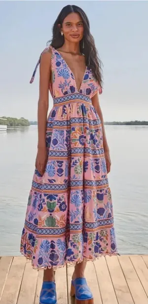 Farm Rio Seashell Tapestry Sleeveless Pink Floral Tie-Shoulder Maxi Dress thumbnail 1