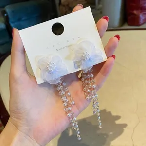 Women's Pearl Crystal Flower Long Tassel Dangle Drop Earrings thumbnail 3