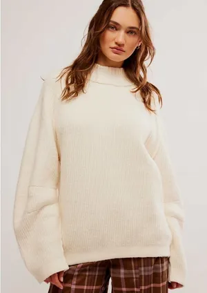Free People Sunbeam Ribbed Oversized Sweater in Cream thumbnail 1