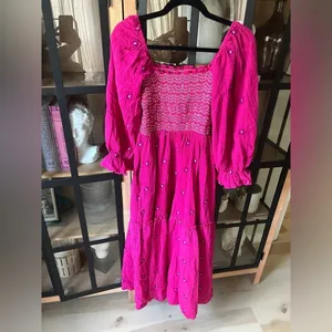 Amazon FP maxi dress embroidered dahlia puff sleeves smock floral magenta midi thumbnail 6