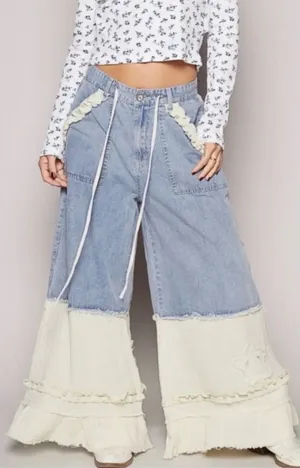 NWT POL Ruffle Hem Contrast Denim Wide Leg Jeans with Drawstring Waist thumbnail 1