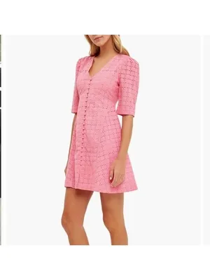 NWT English Factory Broderie Lace Puff Sleeve Mini Dress in Pink Women’s Medium thumbnail 15