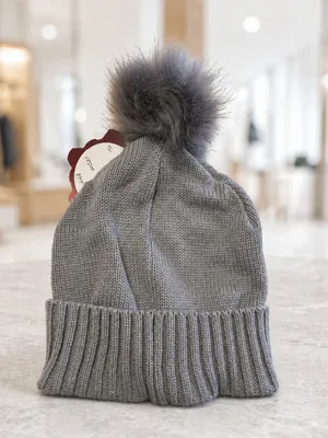 Betsey Johnson Gray Knit Beanie Faux Fur Pom Pom Winter Hat NWT thumbnail 3
