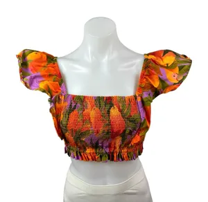 Farm Rio Coral Pears Short Ruffle Sleeve Square Neck Blouse Crop Top Size XSP thumbnail 1