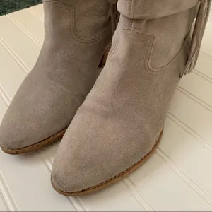 Joie Taupe Suede Fringe Western Ankle Boots Stacked Wood Block Heel 'Keaton' thumbnail 6