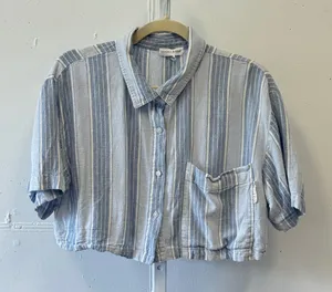Kendall & Kylie Blue White Striped Cropped Button Down Shirt Boxy Medium thumbnail 1