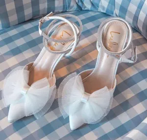 Lulus Lelanee White Satin Rhinestone Bow Ankle Strap Pumps thumbnail 1