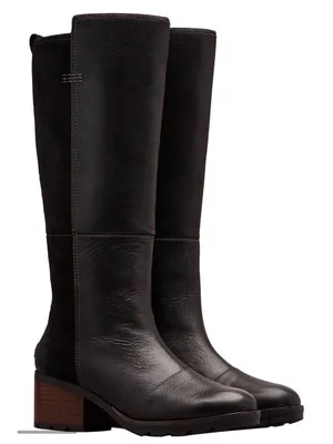 SOREL Cate Tall Boots Black Waterproof Leather & Suede Block Heel Size 7.5 thumbnail 1