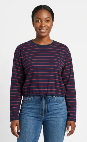 Madewell Top Womens Small Striped Drawstring Hem Long Sleeve Tee Navy Red NZ385 thumbnail 1