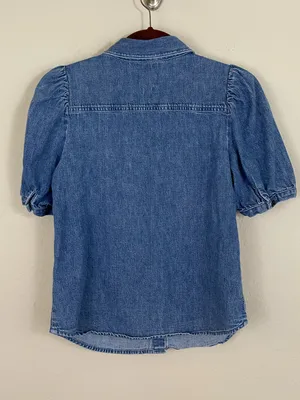 Aritzia Wilfred Ocean‎ Medium Blue Puff-Sleeve Denim Button-Down Shirt Size XS thumbnail 6