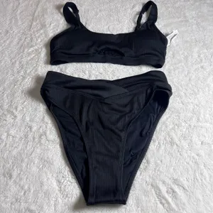 Cupshe Black Ribbed High Waisted‎ Bikini Set Keyhole Top Crossover Bottom Medium thumbnail 3