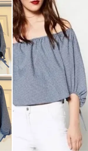 Women Zara Crop Top Gingham Blouse XS Blue Black White Bow Sleeve Off Shoulder thumbnail 1