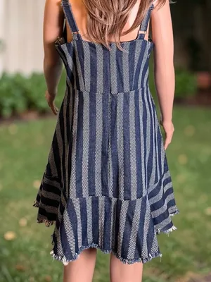 Umgee NWT Denim Stripe Mini Dress L Frayed Hem Boho Summer Adjustable Straps thumbnail 4