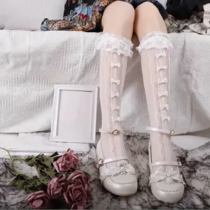 Retro Vintage Style Bow Accent Knee High Socks Flirty Ruffle Trim Soft Lace‎ thumbnail 2