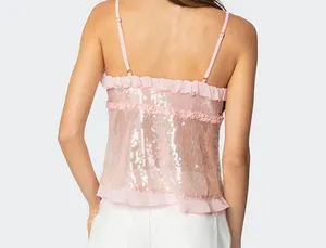 sequin ruffle split front top in light pink thumbnail 2