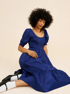 Hill House The Louisa Nap Dress Cobalt Blue Smocked Puff-Sleeve Midi Dress - M thumbnail 3