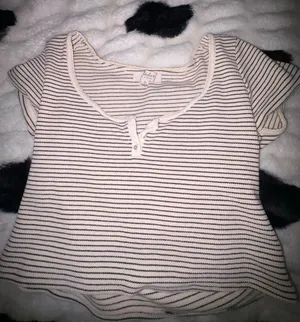 Striped Short Sleeve Henley Top in Cream and Black thumbnail 1
