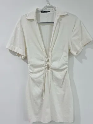 Zara White Short Sleeve Ruched Front Mini Dress thumbnail 1