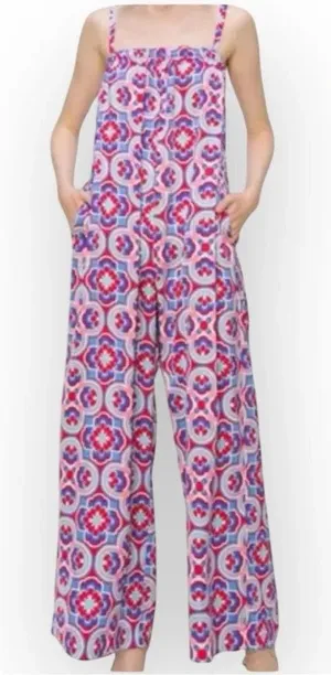 Melloday Printed Wide Leg Patterned Pocket Jumpsuit Size XL Red Blue thumbnail 1