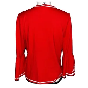 Oscar‎ de La Renta Vintage Red Knit Cardigan Bell Sleeve White Trim Embroidered thumbnail 2