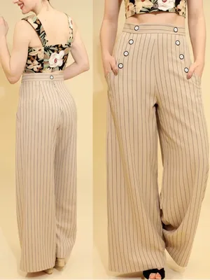 Hell Bunny 30s 40s Caspian Beige Stripe Swing Sailor Trousers Retro Pinup thumbnail 2